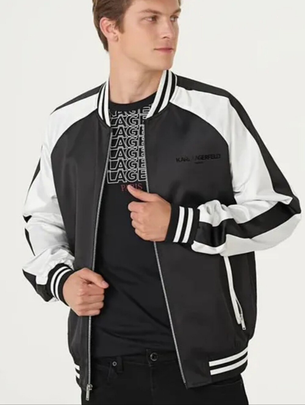 Lagerfeld Jacket, Size L, Black & White, Satin Bomber Style, Logo Zipper